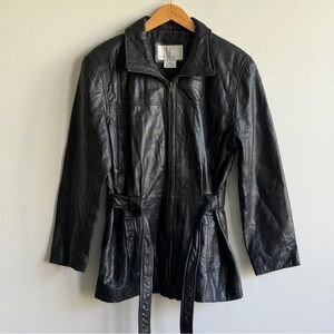 Nine West Black Leather Belted Moto Jacket Large Petite